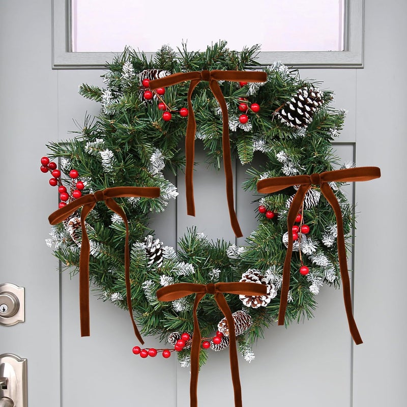 Lavwix 40Pcs Velvet Ribbon Bows, 5x7 Inch Pre-Tied Bows Christmas Ornaments for Xmas Tree, Garland, Wreath, Gift and Holiday Home Décor (5 x 7 Inch, Width of 3/8", Brown) - Image 4